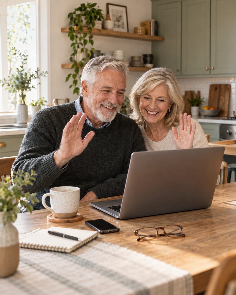 Older couple using a laptop together at their kitchen table