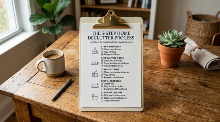 Room-by-room home decluttering checklist with a pencil on a wooden table