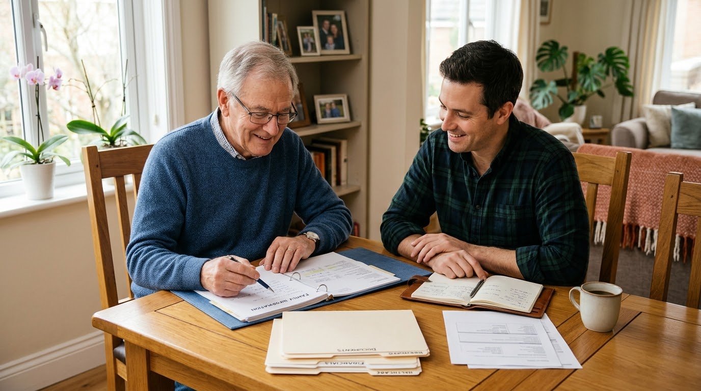 lder man and younger adult reviewing important paperwork together at a table