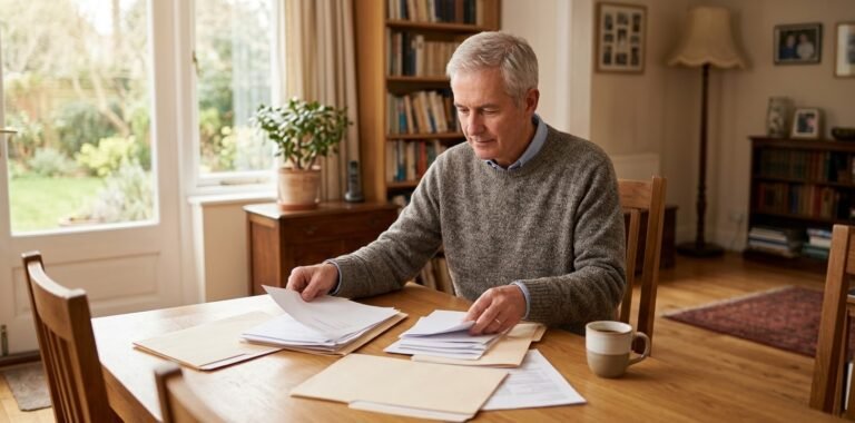 Older man organizing retirement paperwork at a table
