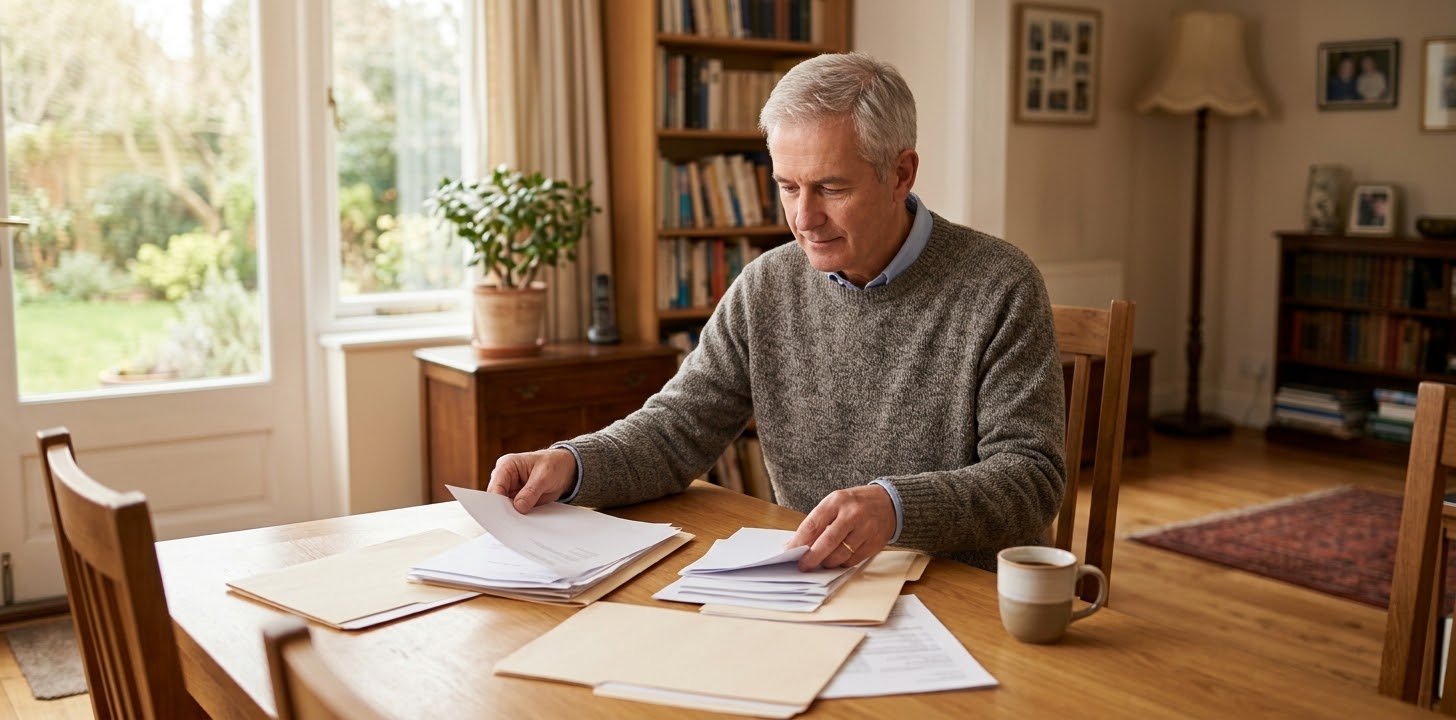 Older man organizing retirement paperwork at a table