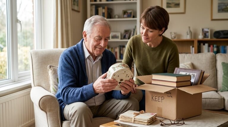 Adult daughter helping her older father sort and pack household belongings