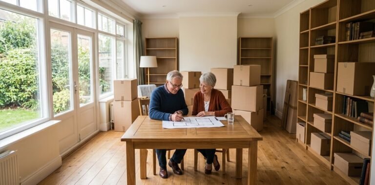Older couple planning a move while seated among packed moving boxes