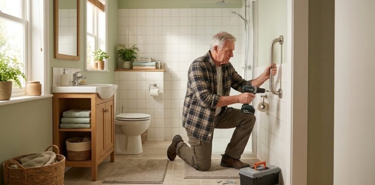Older man installing a safety grab bar in a bathroom shower