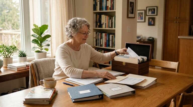 Older woman organizing household documents and files at a table