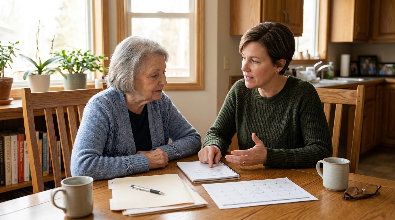 Older woman and adult family member reviewing paperwork and a planner at a kitchen table