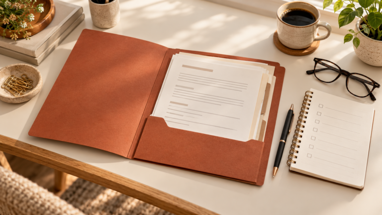 Copper-colored folder with organized paperwork beside a checklist, pen, and reading glasses.