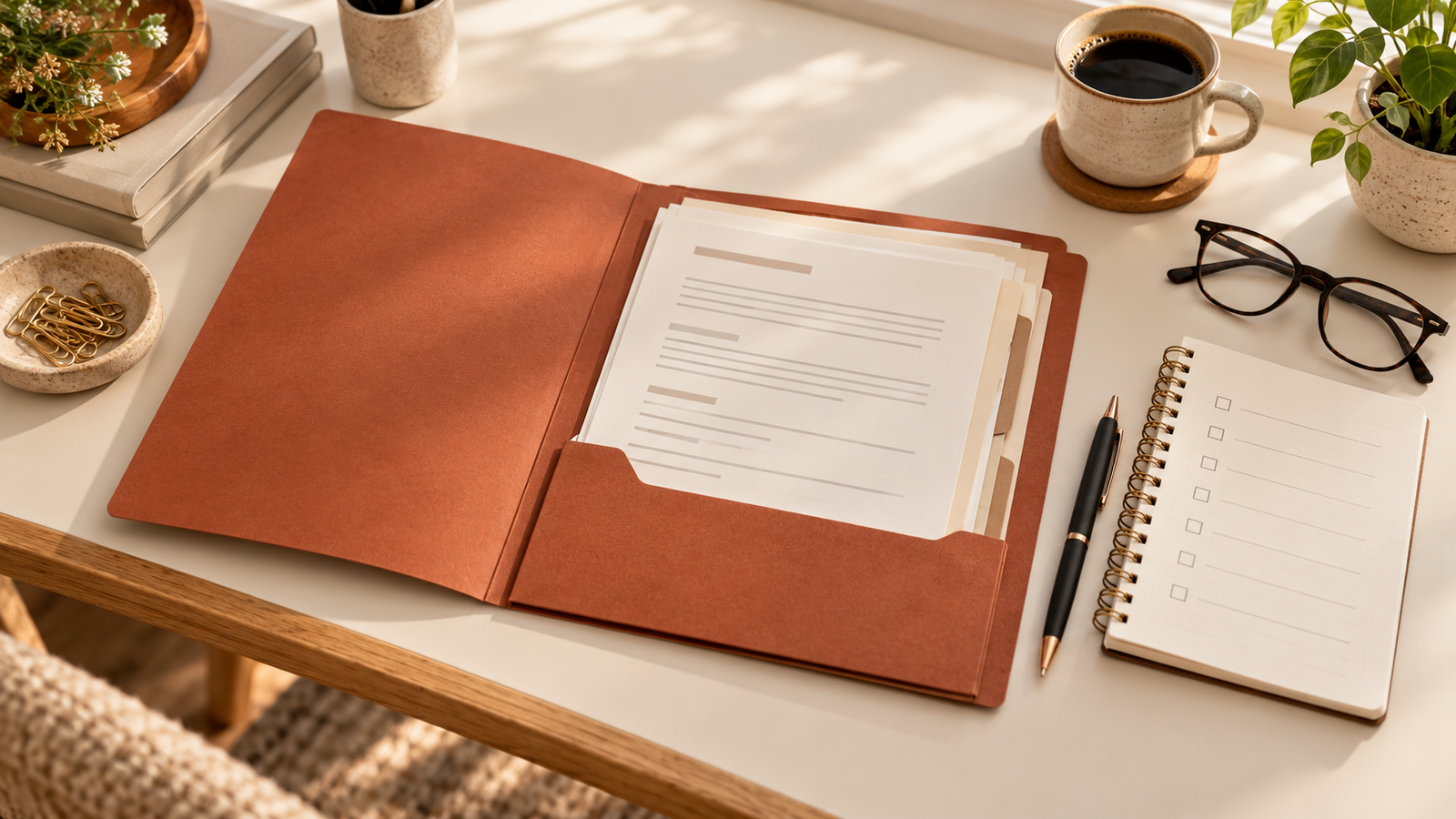 Copper-colored folder with organized paperwork beside a checklist, pen, and reading glasses.